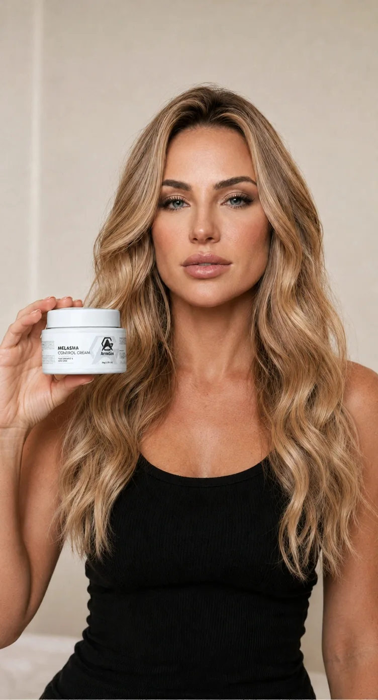 Mulher segurando o Melasma Control Cream ArrowGen